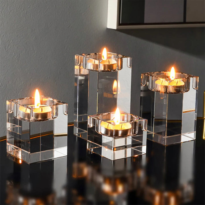 Tall glass candlestick on a hallway console