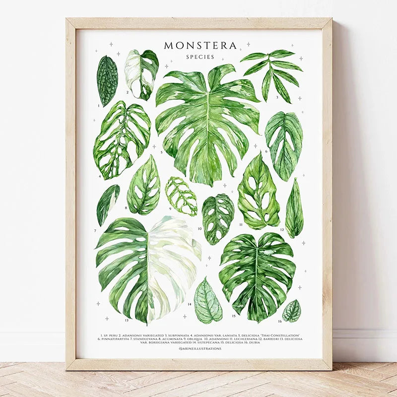 Close-up detail of the green monstera leaf watercolor illustration on canvas