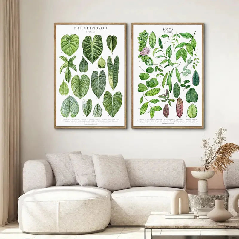 Monstera leaf canvas print above a bed with a rattan headboard