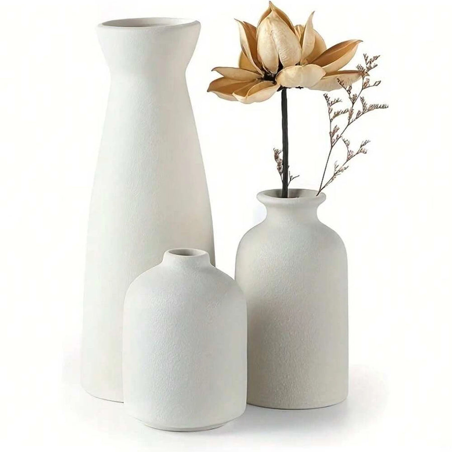 Bohemian ceramic vase set — three matte sand-toned vases in graduated sizes