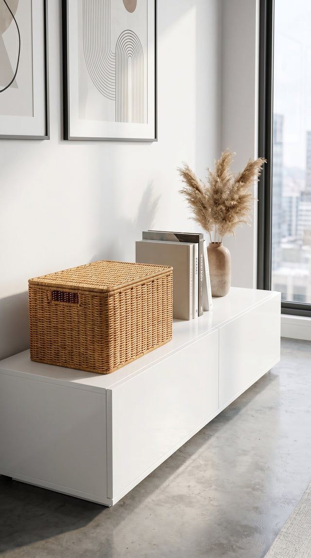 Basket styled on a shelf with towels