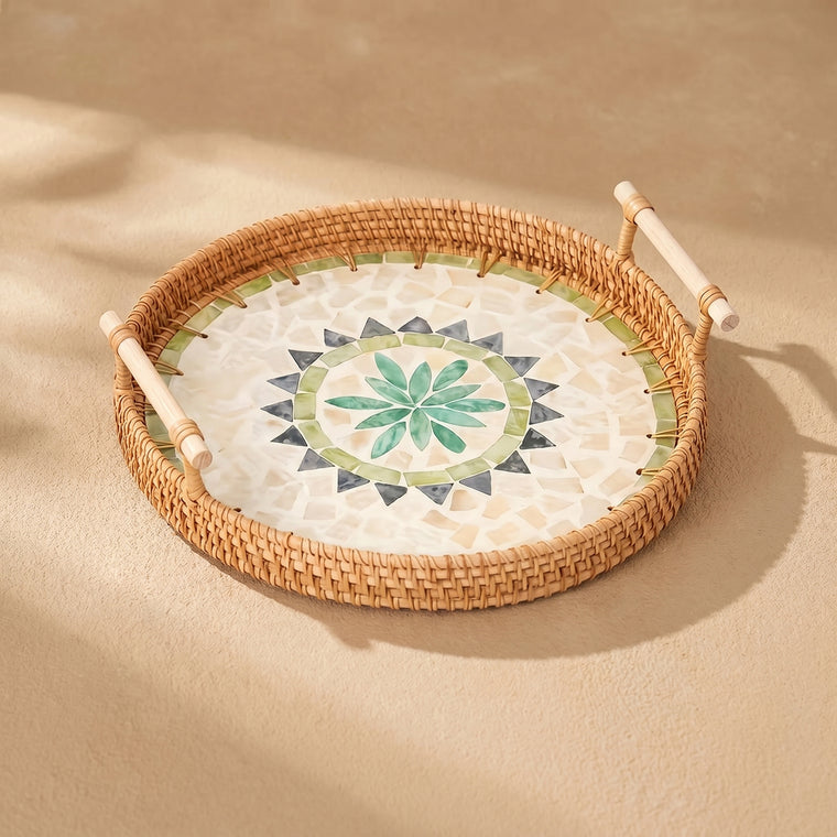 Top-down view of the rattan tray