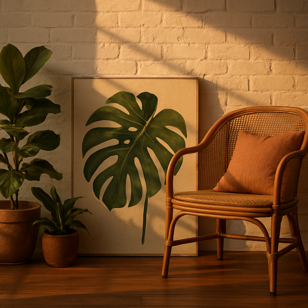 Green botanical monstera leaf canvas print leaning against a white-washed brick wall beside a rattan chair in golden hour light