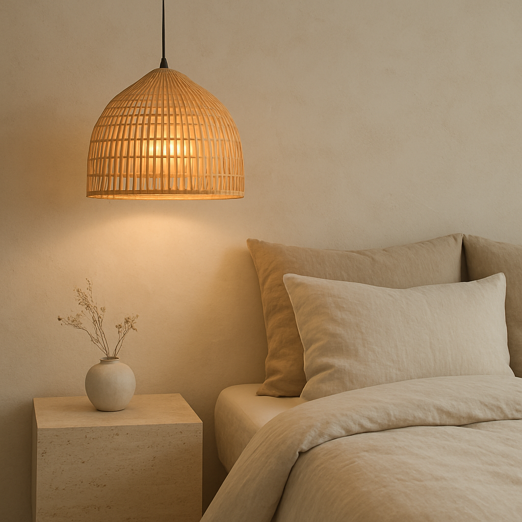 Bamboo pendant lamp glowing beside a linen-dressed bed