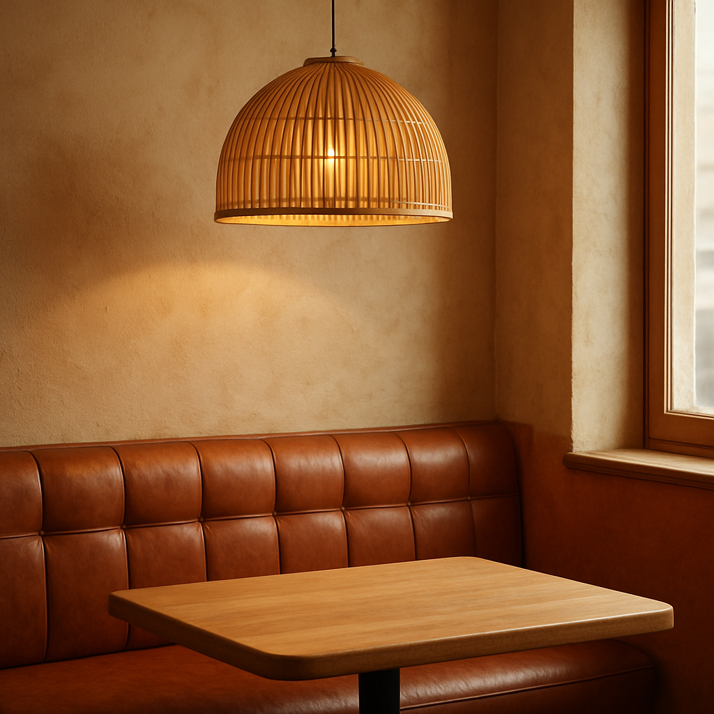 Bamboo lamp glowing above a leather banquette