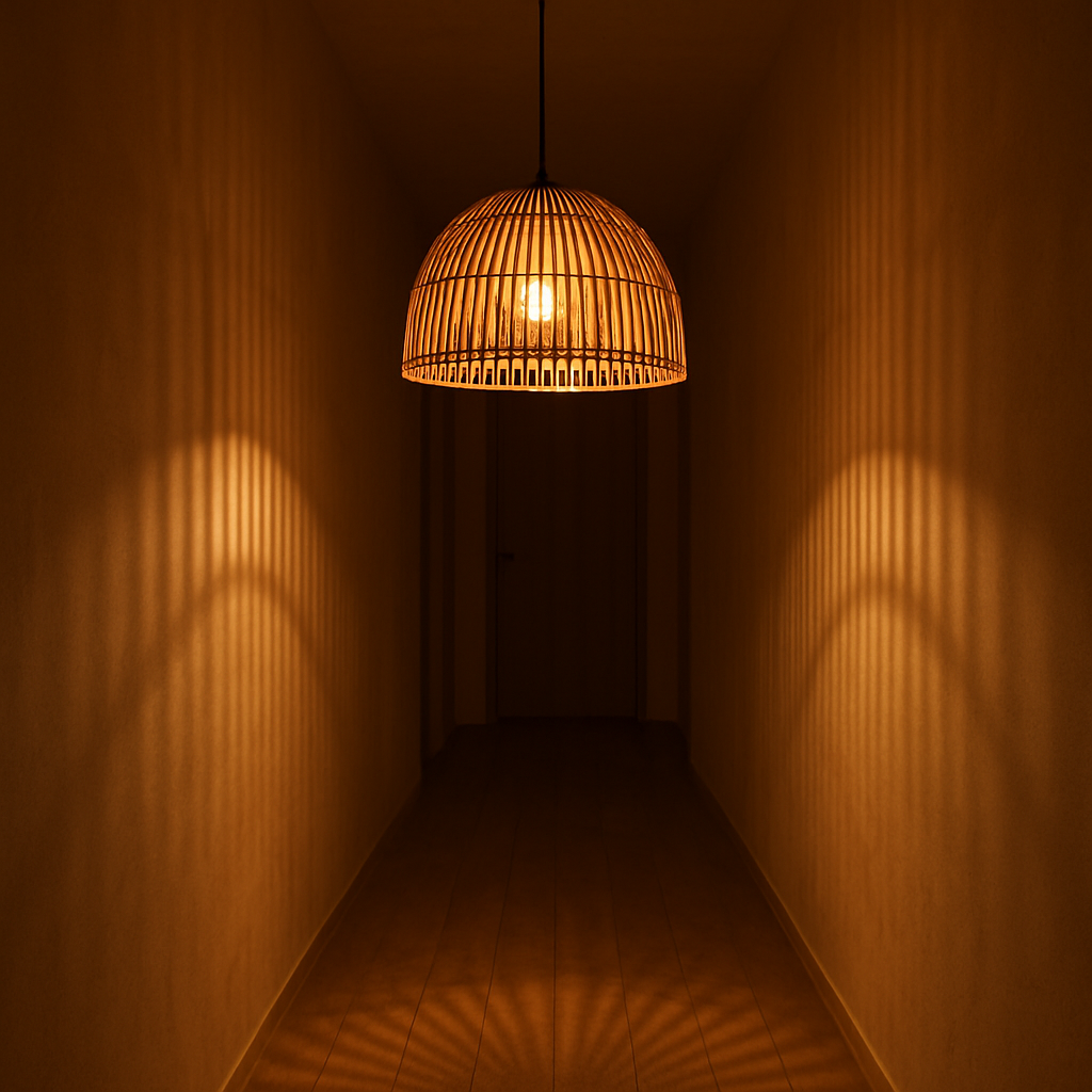 Bamboo lamp glowing in a warm hallway