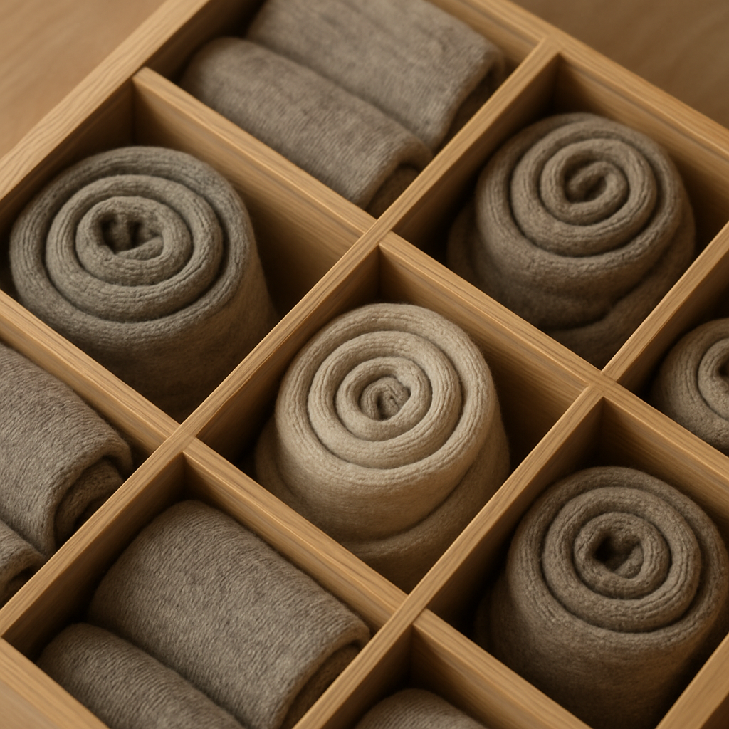 Compartments filled with neatly rolled socks