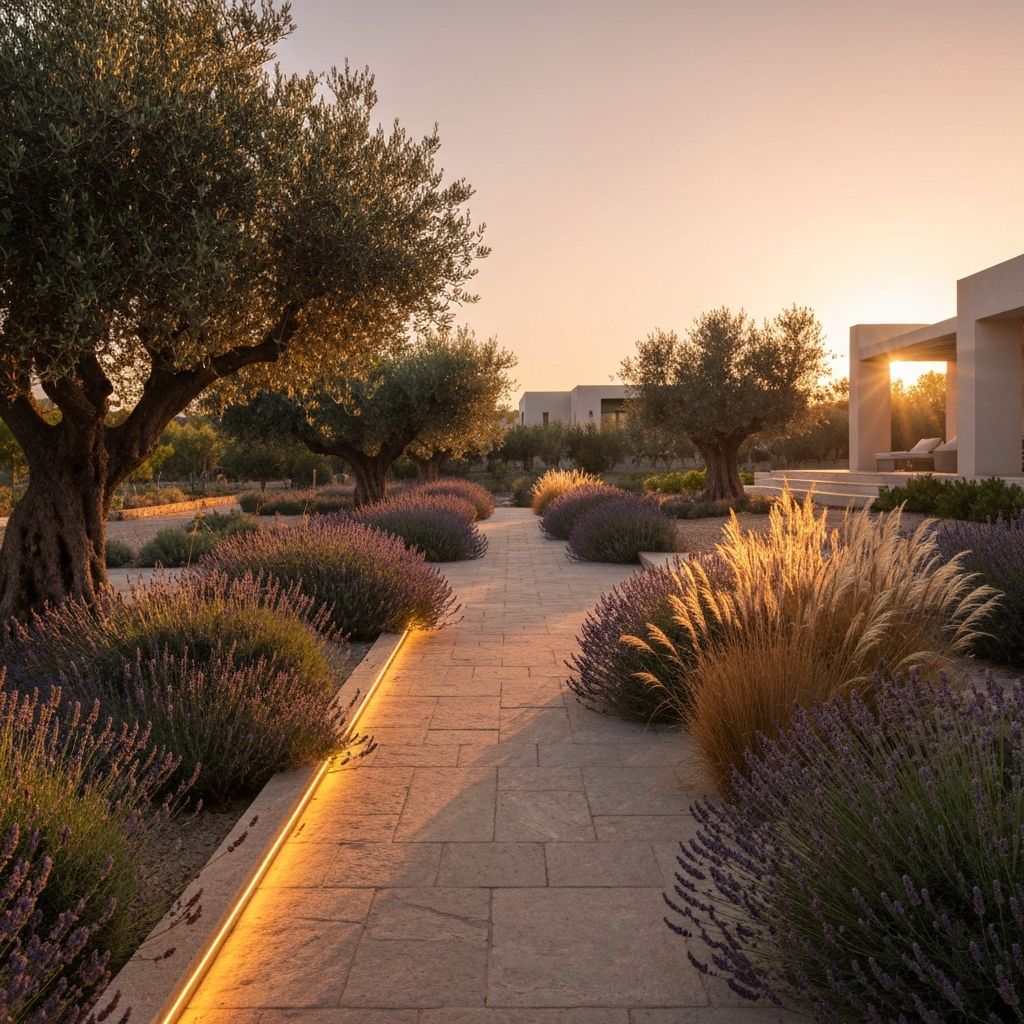 Garden pathway at sunset